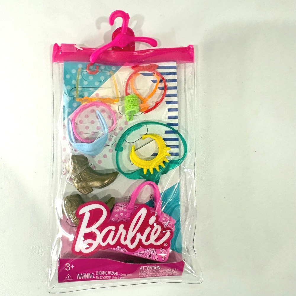Barbie Fashion Accessory Pack Gold Boots Pink Paisley Bag Headbands GWC28 HBV44